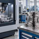 Centro de usinagem CNC ao lado de um molde metálico em uma oficina industrial.