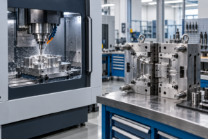 Centro de usinagem CNC ao lado de um molde metálico em uma oficina industrial.
