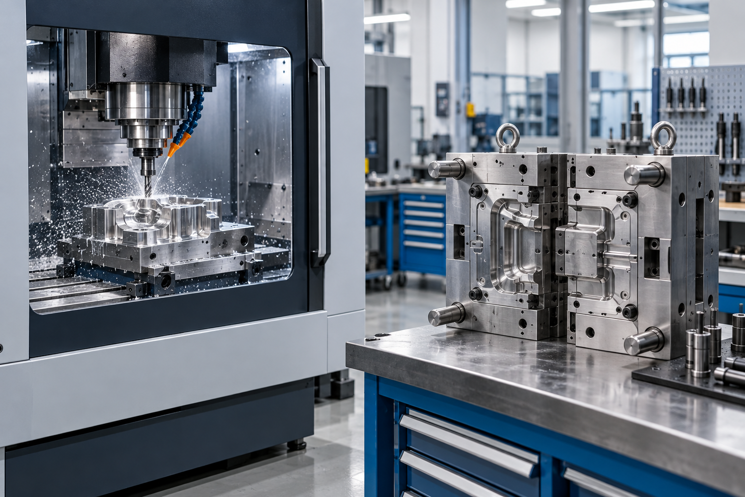 Centro de usinagem CNC ao lado de um molde metálico em uma oficina industrial.